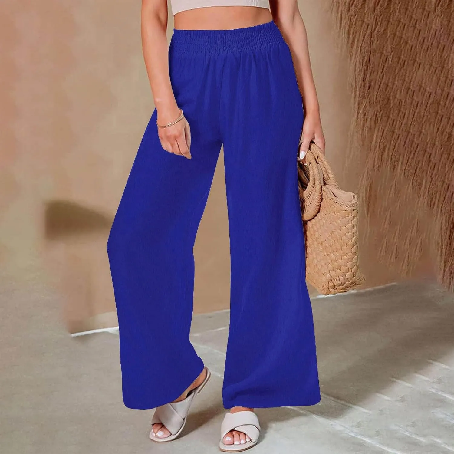 Women's Casual Loose Pants Wide Leg Elastic High Waisted Straight Leg Linen Pants Solid Color Running Workout Trouser