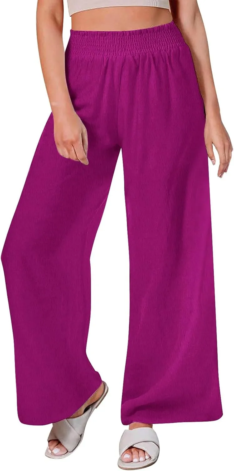 Women's Casual Loose Pants Wide Leg Elastic High Waisted Straight Leg Linen Pants Solid Color Running Workout Trouser
