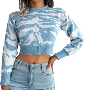 Women's Cropped Sweater Zebra Striped Crewneck Long Sleeve Crop Sweaters Cute Knit Pullover Jumper Y2k Crop Tops