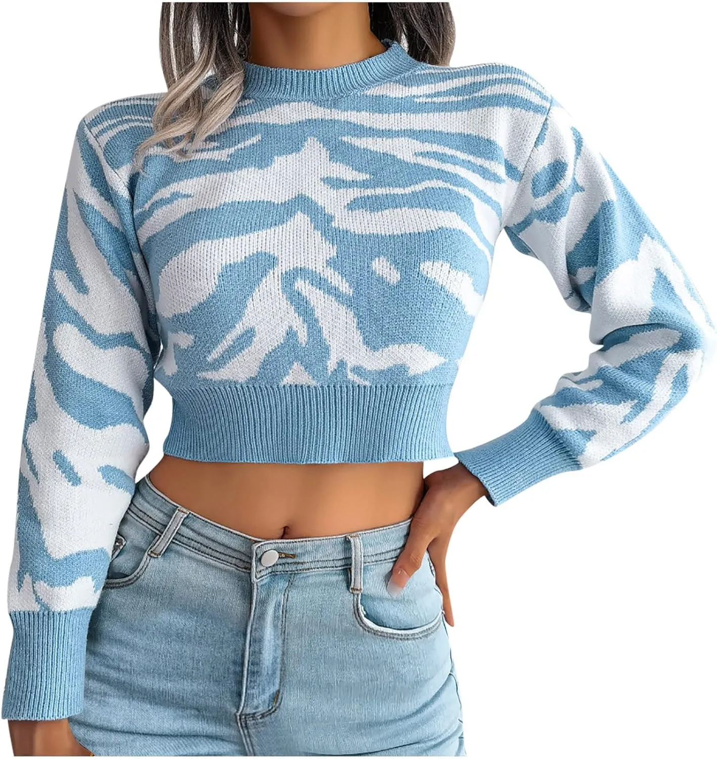 Women's Cropped Sweater Zebra Striped Crewneck Long Sleeve Crop Sweaters Cute Knit Pullover Jumper Y2k Crop Tops