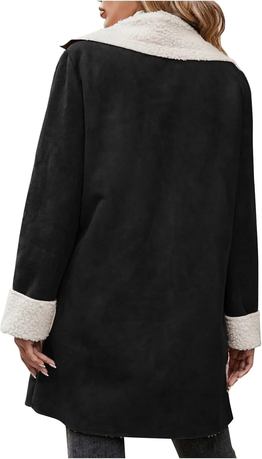 Womens Fleece Lined Jackets 2024 Winter Suede Coats Thickened Warm Sherpa Pea Coats Notch Lapel Vintage Outerwear