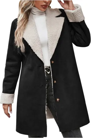 Womens Fleece Lined Jackets 2024 Winter Suede Coats Thickened Warm Sherpa Pea Coats Notch Lapel Vintage Outerwear