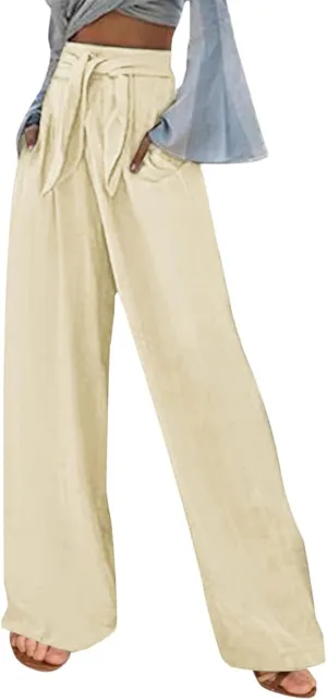 Women's Linen Wide Leg Pants High Waist Casual Long Lounge Adjustable Tie Business Casual Tie Knot Trousers Plus Size