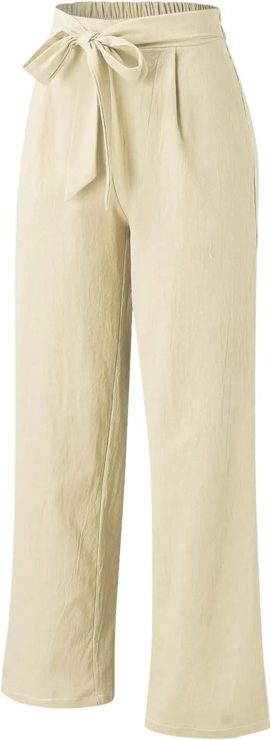 Women's Linen Wide Leg Pants High Waist Casual Long Lounge Adjustable Tie Business Casual Tie Knot Trousers Plus Size
