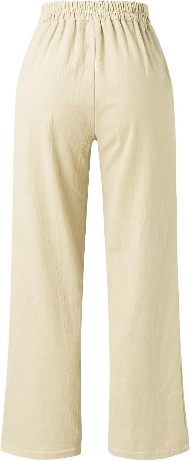 Women's Linen Wide Leg Pants High Waist Casual Long Lounge Adjustable Tie Business Casual Tie Knot Trousers Plus Size