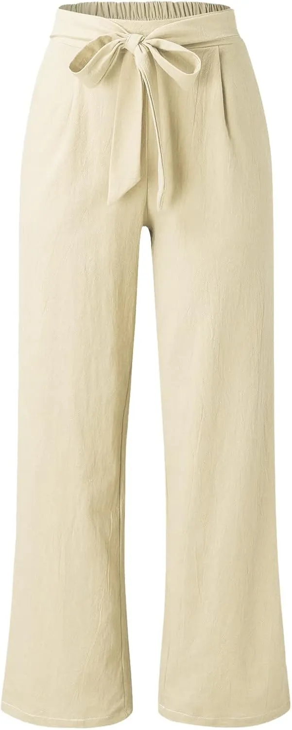Women's Linen Wide Leg Pants High Waist Casual Long Lounge Adjustable Tie Business Casual Tie Knot Trousers Plus Size