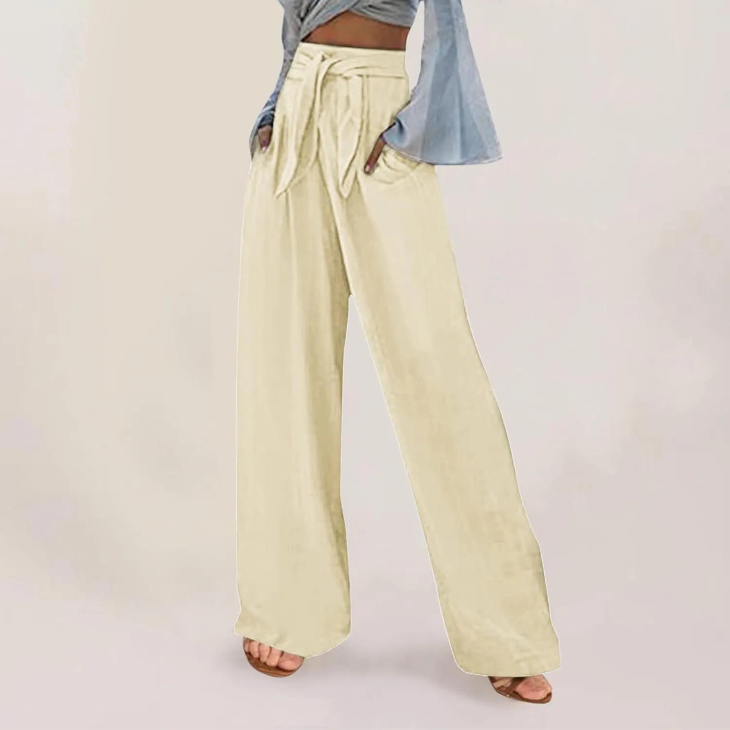 Women's Linen Wide Leg Pants High Waist Casual Long Lounge Adjustable Tie Business Casual Tie Knot Trousers Plus Size