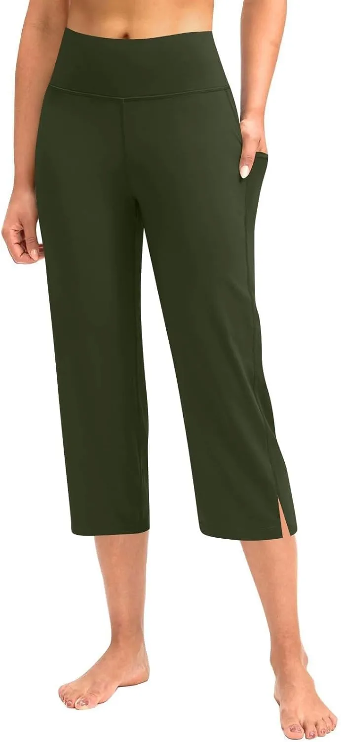 Women's Straight Leg Yoga Capris High Waist Tummy Control Bootcut Crop Pants Athletic Workout Leggings with Pockets