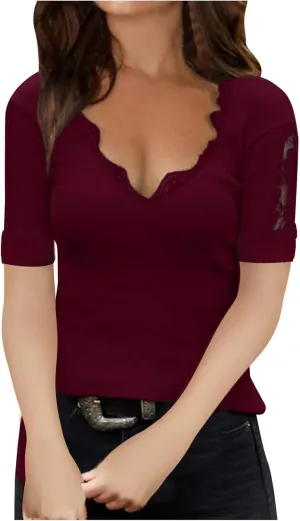 Womens Summer Tops V Neck Lace Short Sleeve Blouses Solid Color Casual Tops Slim Fit T-Shirts Elegant Tunic Shirt Red